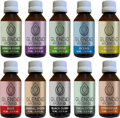 GLENDID Lemon Grass, Lavender, Jasmine, Ocean, Mogra, Rose, Sandal wood, Black Oudh, Eucalyptus, Citronella Aroma Oil Lemon Grass Lavender Jasmine Ocean Mogra Rose Sanal Wood Black Oudh Eucalyptus Citronella Diffuser Scented Fragrance Aroma oil (15 ML EACH)