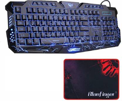 Bluefinger Wired Blue Red Purple Color LED Backlit Keyboard and Mouse Pad set with Cool Crack Pattern Color - Black for Laptop & Desktop Combo Set
