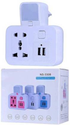 Maruti Enterprise 194-MULTIPLUG WITH NIGHT LAMP Dual USB Charger with Universal 3-PIN Dual Socket Worldwide Multi Pin Adapter, Indian Pin Plug with Night Light Three Pin Plug