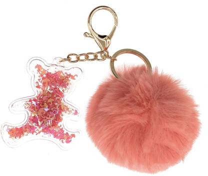 DORRON Soft Faux Fur Pom Pom Key Chain Ring for Girls Bags and Keys (Coral_Teddy) Key Chain