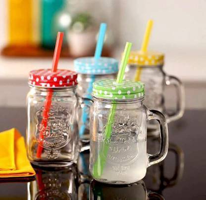 mohit creation Jar Bottle with Handle, Colored Cap Lid & Straw for Juice / Cocktail / Mocktail Glass Mason Jar
