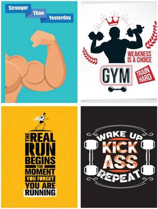 Set of 4 wake up and kick ass Motivational full glue sticker poster for Home,office,Gym, Vastu |12x18 Inch, Multi Color Sticker combo Pack Paper Print