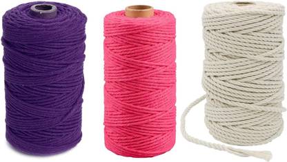 Wonder Star Macramé Cord Rope String, Cotton Cord Twine, Cotton Rope for Wall Hanging Plant Hangers Crafts Knitting Decorative Projects Soft (3 Colors Combo Purple, Pink & White)