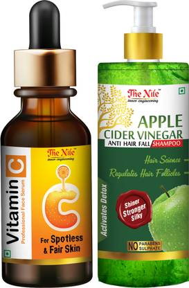 The Nile Professional Vitamin C Face Serum For Spotless & Fair Skin 30 ML + Apple Cider Vinegar Shampoo No Sulfate, Paraben or Silicon - Transforms Dull, Tired & Dry Hair into Soft, Smooth & Silky Men & Women 200 ML(Set of 2 products)