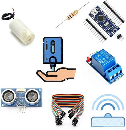 DS Robotics DIY Kit for Automatic Sanitizer Machine Arduino Nano, Ultrasonic Sensor, Submersible Water Pump, 1K Ohm Resistor, 5V Relay Module, 10-M2F Wire Educational Electronic Hobby Kit
