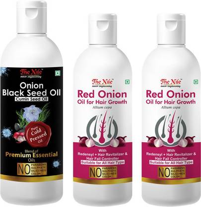 The Nile Red Onion Oil with Redensyl + Hair Revitalizer, Hair Regrowth & Hair Fall Control Hair Oil 100 ML + Red Onion Oil with Redensyl + Hair Revitalizer, Hair Regrowth & Hair Fall Control Hair Oil 100 ML + Onion Black Seed Hair Oil Preventing Hair Loss & Promoting Hair Growth Oil 200 ML Hair Oil