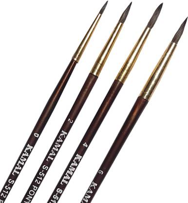 KAMAL Round Natural Pony Hair Non - Synthetic Set of 4 Paint Brushes for Artists or Students Suitable for Oil, Nail, Artist Acrylic Painting Handle - Brown Colour Handle