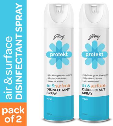 Godrej Protekt Disinfectant Spray - Air & Surface Sanitizer - Kills 99.9% Germs & Bacteria, Alcohol Based, Aqua Fragrance - Pack of 2