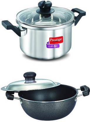Prestige Clip On Steel Cooker 3 Ltr & Omega Select Plus Kadai Induction Bottom Non-Stick Coated Cookware Set