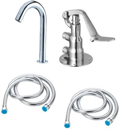 NEW WARE Foot Operated Pedal for Water Tap Foot Valve + Faucet Spout + 2 Pcs.Connection Hose Pipes | Touchless | Full Complete Set | (Brass-Chrome Finish) Premium Quality Spout Faucet