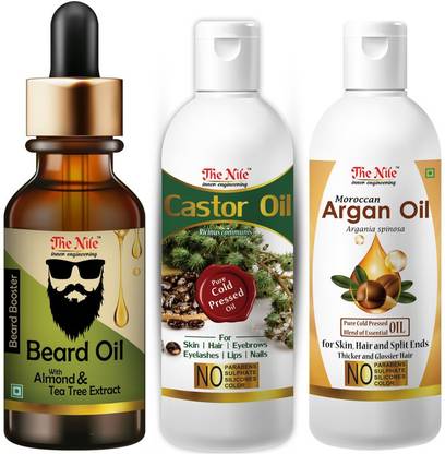 The Nile Beard Oil with Almond and Tea Tree Extract Beard Booster 30 ML + 100% Pure Castor Hair Oil, Cold Pressed, To Support Hair Growth 150 ML + Moroccan Argan Hair Oil Pure Cold Pressed Blend of Essential Oil for Skin, Hair and Split Ends Thicker and Glossier Hair 100 ML Hair Oil