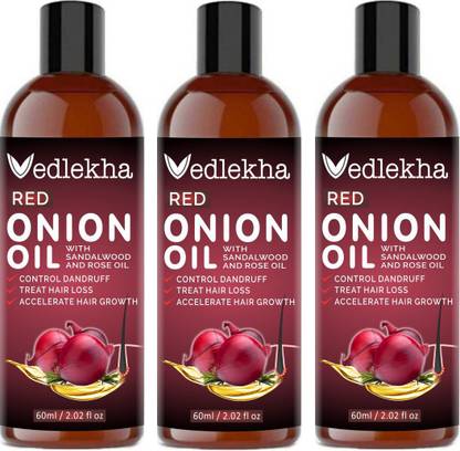 Vedlekha Red Onion Oil With Sandalwood & Rose Oil for Hair Regrowth-60ML-Packof-3-Bottle-(180ml) Hair Oil