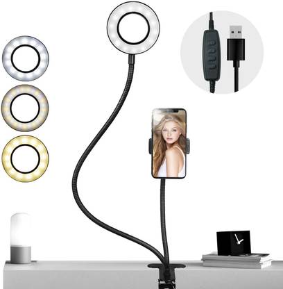 FKU LED Selfie Ring Light Clamp Stand and Adjustable Gooseneck Cell Phone Holder, Dimmable [3-Light Mode] [10-Level Brightness] Mobile Holder