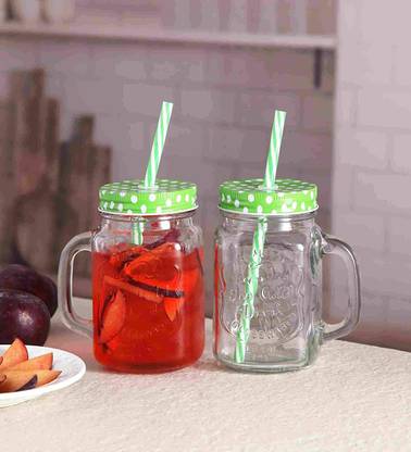 Abstract Mason Glass Jar with Straw and Handle(Clear) - Pack of 2 Glass Mason Jar