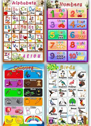 Set of 4 ABCD,1-10 numbers,colour and birds Alphabet Charts Wall Poster for Room Décor-01-02-03-04- Paper Print