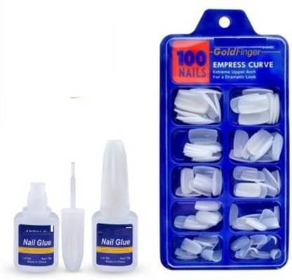 Dios Best Artificial Gold Finger Empress Curve 100 Tips Fake Nails with Glue white (Pack of 100nails) off white