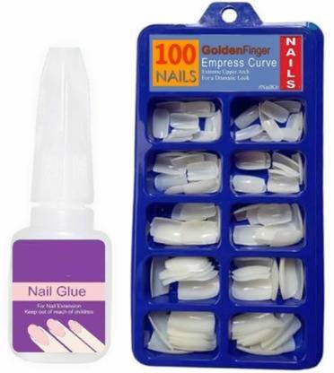 Dios 100 Pcs Nail with Glue - Artificial Nail with Waterproof Nail Adhesive Bottle strong Off White
