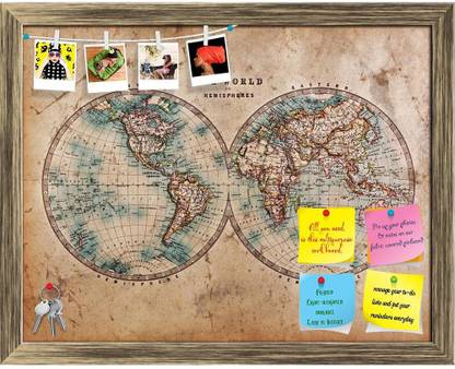 Artzfolio Mid 1800s Old World Map Western & Eastern Hemispheres Printed Bulletin Board Notice Pin Board Soft Board | Antique Golden Frame 20.3inch x 16inch (51.6cms x 40.6cms) Bulletin Board Bulletin Board