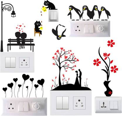 JNM Enterprise 15 cm Switch penal sticker of Cat, Flowerpot, Love Couple Heart Baloon And Penguin for decoretive your home's switch board(pvc vinyl sticker ) Self Adhesive Sticker