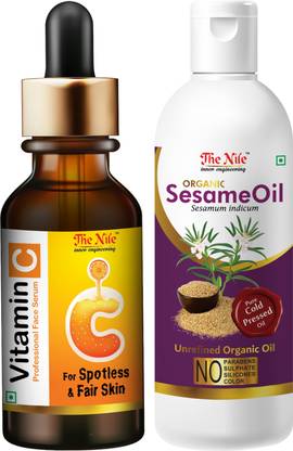 The Nile Professional Vitamin C Face Serum For Spotless & Fair Skin 30 ML + 100 % Pure and Natural Organic Sesame Oil for Skin and Hair 100 ML Hair Oil (Set of 2 products)