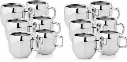 LIMETRO STEEL Pack of 12 Steel Stainless Steel 100 ml Double wall Tea cups Set ( Pack of 12)