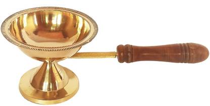 Real Craft Brass Dhoobakkal with Wooden Handle|Puja Dhoopakal|Pooja Dhoopkarandi|Traditional Brass Arthi|Arthi Holder|Pooja Camphor Burner|Arthi Item| Large Size 23 Cm| 200 Gm Brass Table Diya