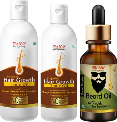 The Nile 100 % Pure and Natural Hair Growth Tonic Oil For Hair Regrowth, Anti Hair Fall 150 ML + 100 % Pure and Natural Hair Growth Tonic Oil For Hair Regrowth, Anti Hair Fall 100 ML+ Beard Booster Oil With Almond And Tea Tree Extract Hair Oil 30 ML (Combo of 3 Bottle)(280 ML) Hair Oil