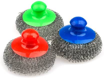 Amazing Large Stainless Steel Sponge with Handle, Metal Sponge, Metal Scrubber, Stainless Steel scouring pad (Pack of 3) Scrub Sponge