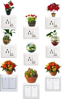 Decoration Designs 25 cm flower Wall Sticker & Switch Board Sticker Set OF 9 Self Adhesive Sticker