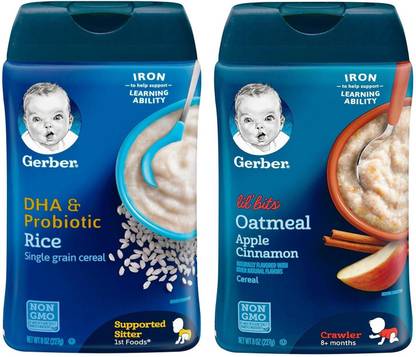 GERBER Cereal DHA & Probiotic Rice Cereal + Oatmeal Apple Cinnamon (Pack of 2) Cereal