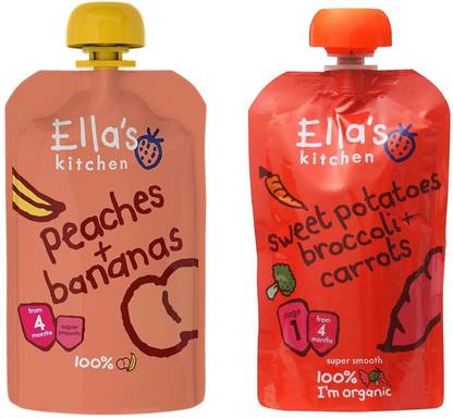 Ellas Kitchen Peaches + Bananas + Sweet Potatoes Brocolli & Carrots (Pack of 2) Baby Snacks 240 g