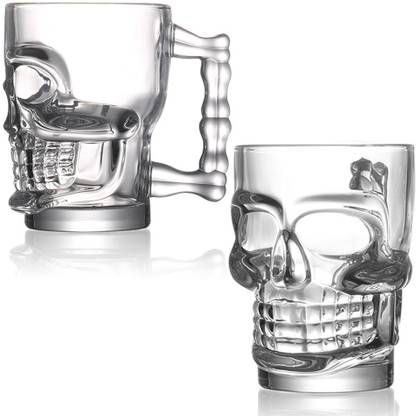 Crystalarc (Pack of 2) Crystal Skull Designed Jumbo Transparent Beer Soda Lime Water Juice Mug Drinking Glass 520ml With Handle Set of 2 Glass Set Beer Glass