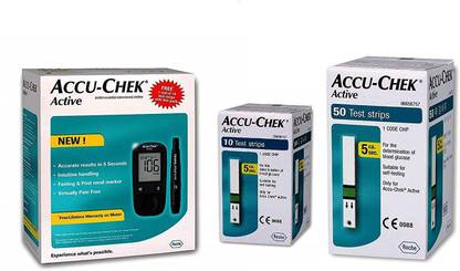 ACCU-CHEK Active Blood Glucose Meter Kit,& 50 Active Strips with free 10 Strips Glucometer