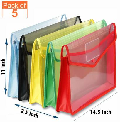MORAVLA Transparent Envelope Folder Poly-Plastic A4 Documents File Storage Bag with Snap Button (Set Of 5, Multicolor)