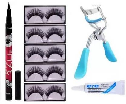 RP False Eyelash set of 5, Eyelash Curler, Eyelash Glue with 36 Hrs Eyeliner (8 Items in the set)