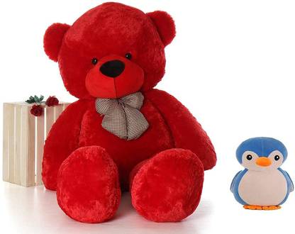R-Shopee RED CUTE FUR TEDDY BEAR(90CM) WITH LOVELY BLUE PENGUIN  - 90 cm