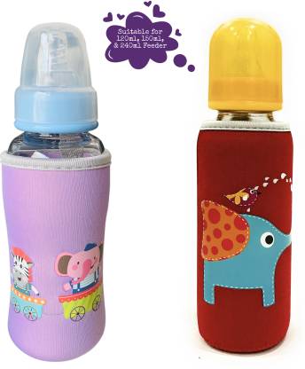 The Little Lookers Cute Animated Patterned Soft Stretchable Baby Feeding Bottle Cover with Easy to Hold Strap for 120ml, 150ml, 240ml (Elephant & Zebra, Pack of 2)