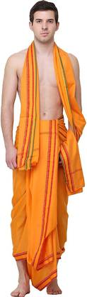 PANKSHRI ENTERPRISE India Plain Dhoti and Angavastram Set with Golden Thread Weave on Border Solid Men Dhoti