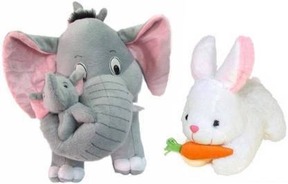 Mowgli Mother Elephant With 2 Babies Soft Toy & White Rabbit with Carrot - 38 cm (Multicolor)  - 38 cm