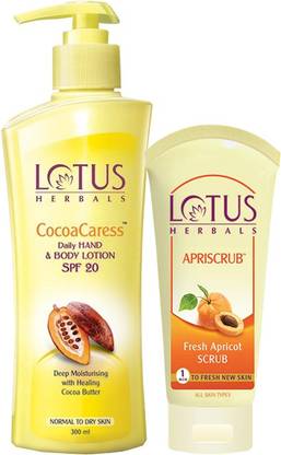 LOTUS Herbals Combo ( Cocoacaress Daily Hand & Body Lotion _300ml With Apriscrub_100gm )