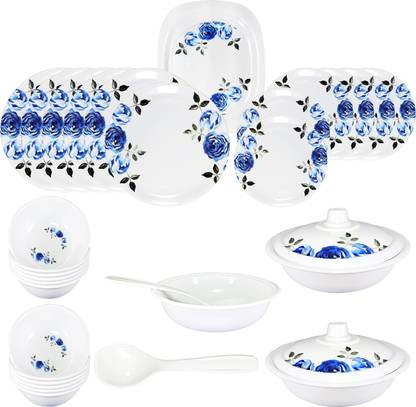 Crystal craft Pack of 32 Melamin LEHAR ROUND GLOSSY FINISH HIGH GRADE MELAMINE STANDARD SIZE WHITE AND BLUE DINNER SET 32 Pcs. Dinner Set