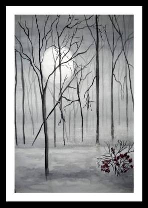 black n white trees printed painting (35x25 cm) Canvas Art