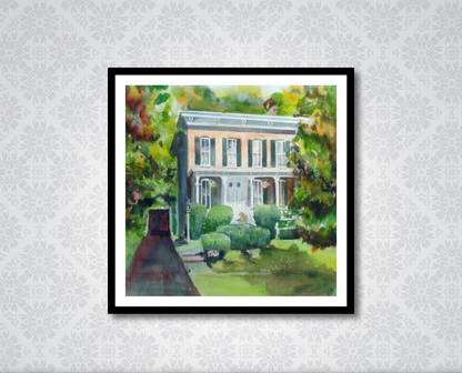 bunglow on the road side printed painting (35x35 cm) Canvas Art