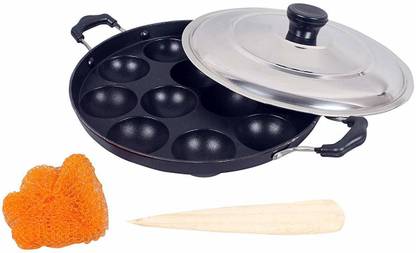 Escrow Non-Stick 12 Cavity Appam Patra / Paddu Tawa / Ponganalu Pan Paniarakkal with Lid 0.6 L capacity 24 cm diameter