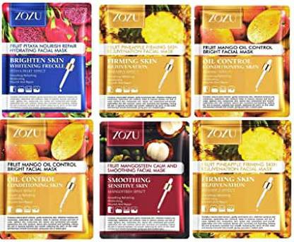 ZOZU facial fruit face sheet mask pack of 6 with multivitamin serum inside for glowing and healthy skin