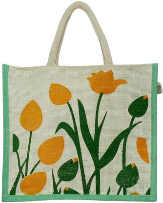 Alokik Eco Friendly Naturally Processed Multipurpose Reusable Tulip Print Shoulder Shopping Grocery Carry Bag Green Gusset Lunch Jute Bags for Unisex with Zipper Grocery Bag