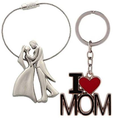 kd collections KD496-Dancing Wired Couple Keychain & I Love Mom Keychain Combo (Silver Black) Key Chain