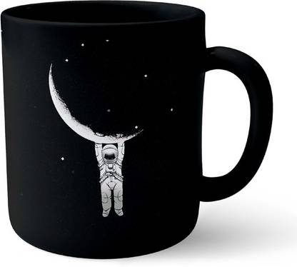 Chiraiyaa Astronaut Space Hanging Moon Typography Black Ceramic Coffee Mug