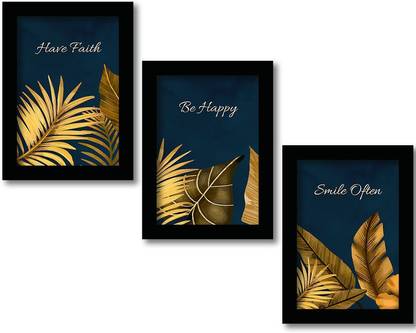 Rainbow Arts Golden Leaf Paintings for Home Wall Decor - Nature Paintings with Frame - Set of 3 Digital Reprint 14 inch x 11 inch Painting