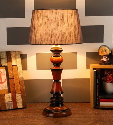 foziq Grey 10" Fabric Shade With Wood Base Table Lamp